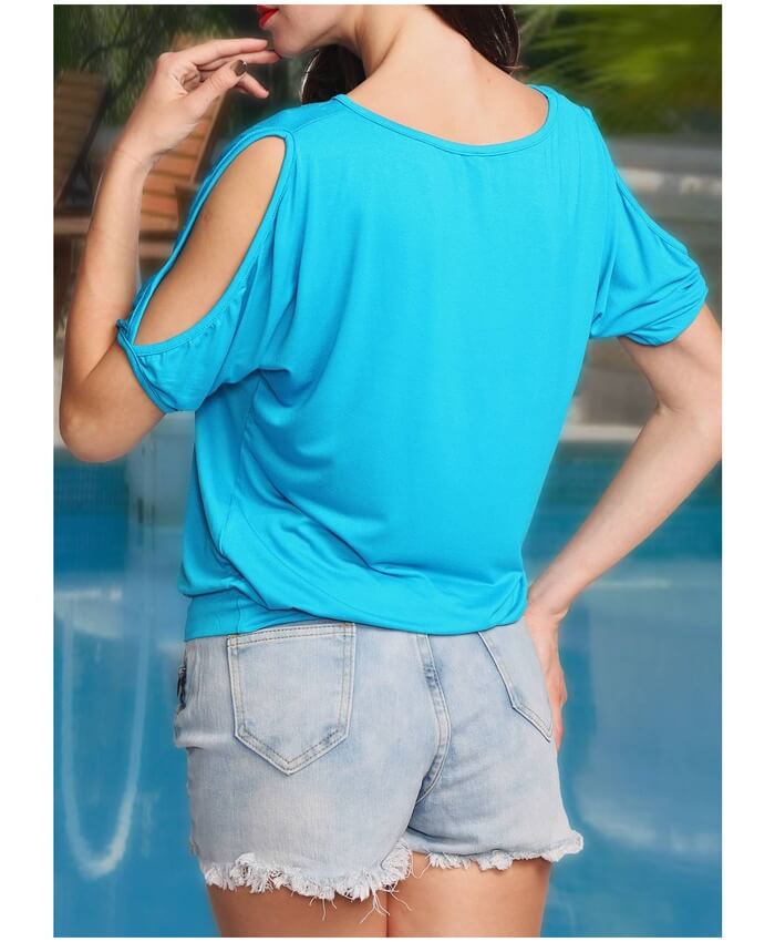 Cold Shoulder Feather Print Cyan T Shirt